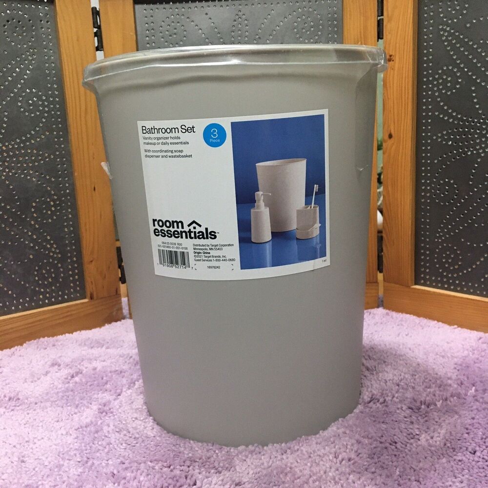 3 Pc Bathroom Set Gray Soap Dispenser Toothbrush Holder Trash Can Dorm room